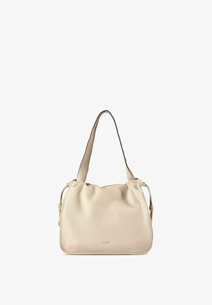 Borsa a spalla in pelle beige dalla struttura morbida, con manico superiore, dettagli laterali con coulisse e logo del marchio discreto al centro in basso.