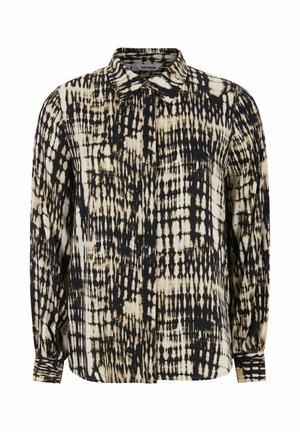 Srajca z dolgimi rokavi v črno-bež abstraktnem vzorcu, z klasikim ovratnikom in gumbnim zapiranjem, izdelana iz mehkega, teksturiranega materiala.