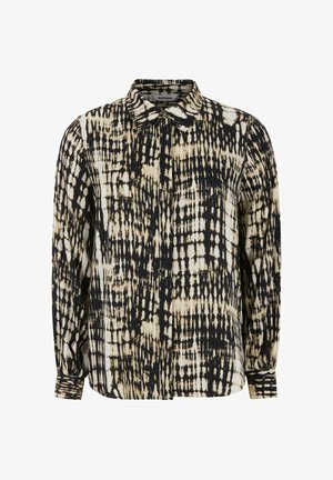 Ilgās piedurknes krekls melnā un bežā abstraktā rakstā, ar klasisku apkakli un pogu aizdari, izgatavots no mīksta, teksturēta auduma.