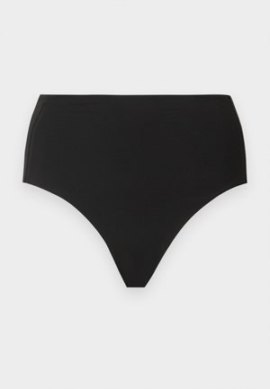 Schwarze Bikinihose mit hoher Taille und einem schlanken, nahtlosen Design vor einem schlichten hellen Hintergrund.