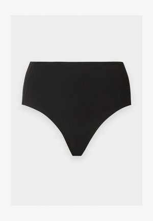 Crne bikini gaće s visokim strukom i glatkim, bešavnim dizajnom prikazane na jednostavnoj svijetloj pozadini.