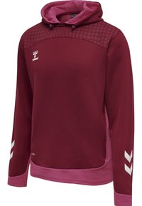 Maroonfarbener und pinker Sport-Hoodie mit gepunktetem Muster auf den Schultern, weißem Logo auf der Brust und weißen Chevron-Streifen an den Ärmeln.