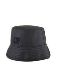 Cappello a secchiello impermeabile nero con parte superiore piatta, visiera ampia e un patch testurizzato con una foglia d'acero e il marchio 'CANADIAN'.