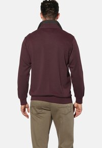 Bordeauxfarbener Pullover mit einem dunklen Kragen, gerippten Bündchen und Saum; getragen über hellbraunen Hosen, die eine glatte Textur und ein lässiges Design zeigen.