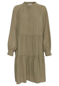 Khaki šaty s dlouhými puff rukávy, kulatým výstřihem a detaily s knoflíky. Obsahují vícevrstvý design s malými černými puntíky po celé ploše.