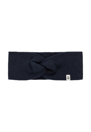Navy knitted headband with a twisted knot detail at the front and a small label on the side. Soft texture and elastic fit for comfort.