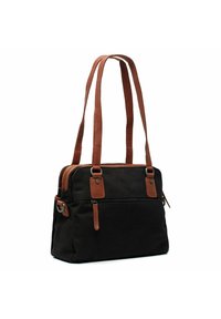 Borsa a tracolla nera in canvas con dettagli in pelle marrone, due spallacci, un compartimento principale con zip e una tasca frontale con zip. Finitura testurizzata.