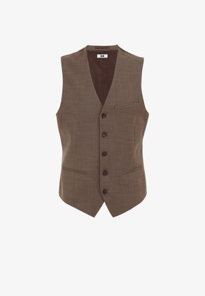 Brązowa kamizelka o teksturowanej tkaninie, z pięcioma guzikami, dwiema przednimi kieszeniami oraz eleganckim, bezrękawnikowym krojem.