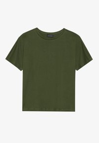 Kurzes grünes T-Shirt aus weichem Stoff, mit kurzen Ärmeln, Rundhalsausschnitt und lockerer Passform. Keine sichtbaren Muster oder Akzente.