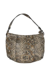 Bolso de hombro con patrón de piel de serpiente en tonos marrón y negro, diseño elegante, superficie texturizada y acento de logo en dorado. Correa ajustable individual.