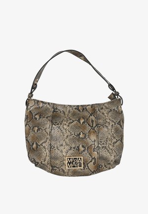 Bolso de hombro con patrón de piel de serpiente en tonos marrón y negro, diseño elegante, superficie texturizada y acento de logo en dorado. Correa ajustable individual.