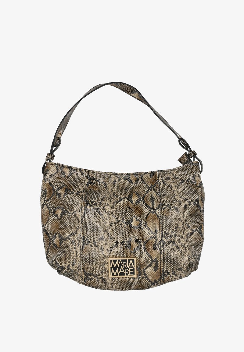 Bolso de hombro con patrón de piel de serpiente en tonos marrón y negro, diseño elegante, superficie texturizada y acento de logo en dorado. Correa ajustable individual.