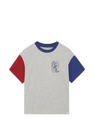 Gray t-shirt with blue and red short sleeves, featuring a stylized blue graphic on the front. Cotton material with a crew neck design.
