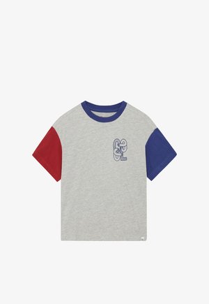 Grijze T-shirt met blauwe en rode korte mouwen, voorzien van een gestileerde blauwe afbeelding aan de voorkant. Gemaakt van katoen met een ronde hals.