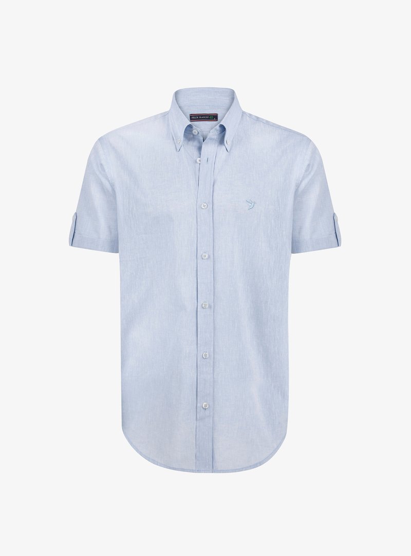 Lichtblauw overhemd met korte mouwen, gemaakt van een gestructureerde stof, met een gebogen zoom, kraag en een klein geborduurd logo op de borst.