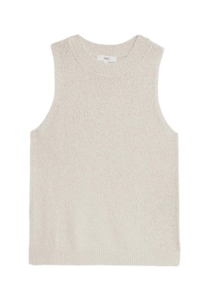 Felpa senza maniche di un beige chiaro con colletto rotondo a costine, tessuto testurizzato e design minimalista; senza marchi o motivi visibili.