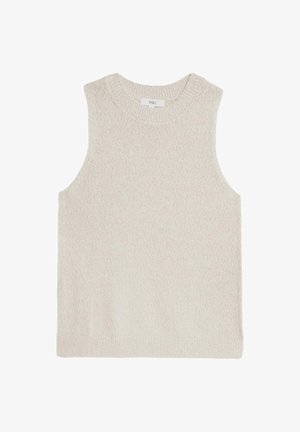 Pull sans manches beige clair avec un col rond côtelé, tissu texturé et design minimaliste ; sans marque ni motifs visibles.