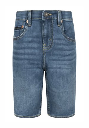Shorts in denim blu medio con una vestibilità classica. Presentano cinque tasche, chiusura a bottone e cuciture a contrasto lungo le cuciture.