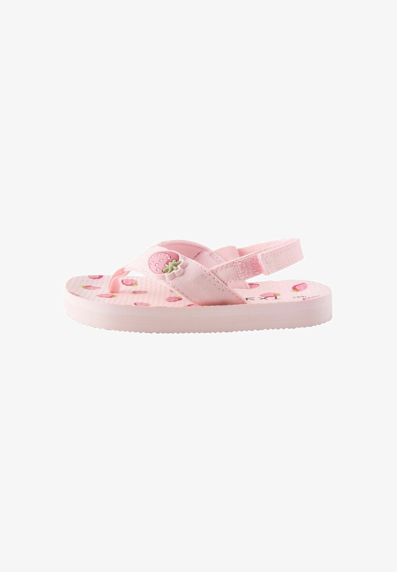 Sandalo rosa per bambino con motivo di fragole, cinturino regolabile sul tallone e decorazione a forma di fragola sulla cinghia frontale.