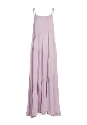 Light purple sleeveless maxi dress with thin adjustable straps and tiered flowing fabric sections.