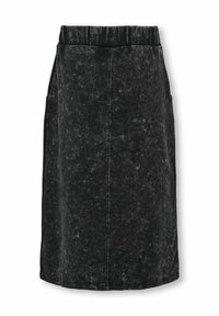 Gonna di jeans nera con texture sbiadita, vita elastica, lunghezza al ginocchio, presenta due tasche laterali, taglio dritto senza decorazioni.