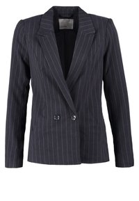 Blazer rayé marine à double boutonnage, avec des revers crantés et deux boutons. Fabriqué en tissu lisse avec une coupe ajustée.