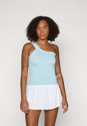 Light blue one-shoulder top with smooth texture, paired with a flared white skirt. Features minimal branding along the chest.