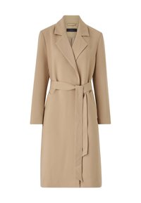 Beige trenchcoat met een reverskraag, lange mouwen, een strikceintuur in de taille en twee zijzakken. Gemaakt van een gladde, textuurstof.
