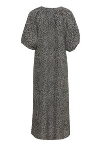 Vestido fluido de un oscuro tono navy con un ligero patrón moteado, mangas abullonadas y un diseño a la altura de la rodilla con un escote redondo y un ajuste relajado.