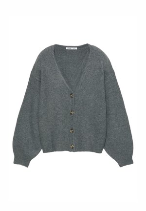 Szary kardigan z wełny z dekoltem w serek, długimi bufiastymi rękawami i pięcioma okrągłymi guzikami z przodu. Posiada prążkowany dół i miękką teksturę.