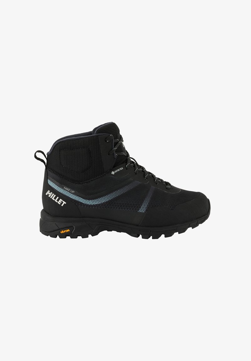 Black hiking boot with a textured upper, Gore-Tex branding, and blue accents. Features a Vibram sole for traction and lacing system.