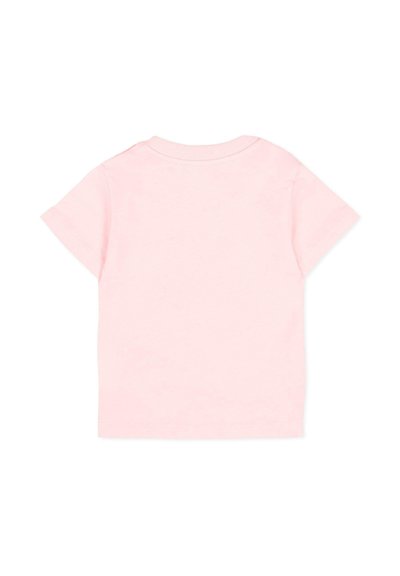 Maglietta rosa chiaro a maniche corte per bambino piccolo con scollo rotondo, vista da dietro su sfondo bianco.