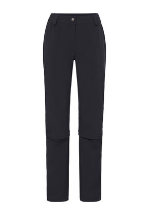 Black convertible pants with zip-off legs, button closure, belt loops, and front pockets.