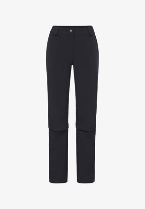 Black convertible pants with zip-off legs, button closure, belt loops, and front pockets.