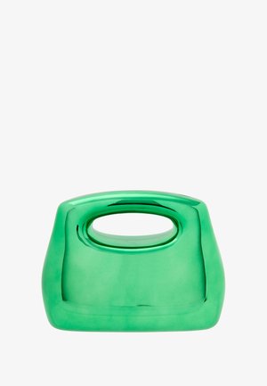 Zöld, fényes kézitáska lekerekített tetejével és kivágott fülével. Simább textúra és elegáns dizájn, szilárd, strukturált formával.