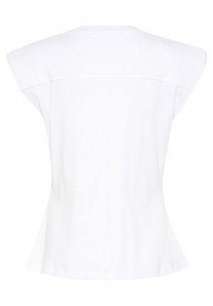 Witte top met korte mouwen, voorzien van een getailleerde pasvorm, een gladde textuur en lichte schoudervulling. Eenvoudige halslijn zonder zichtbare versieringen.