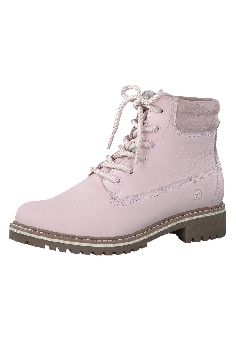 Botín de piel rosa hasta el tobillo con parte superior texturizada, puntera redonda y suela de goma en contraste. Cuenta con cordones planos y cuello acolchado para mayor comodidad.