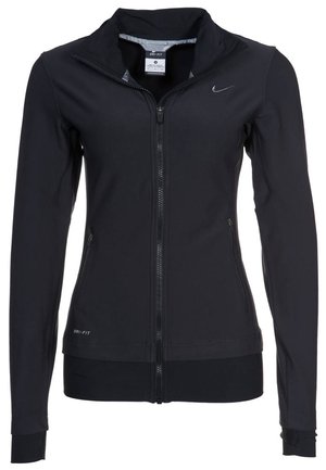 Reißverschlussjacke von Nike Dri-FIT für schwarze Frauen mit hohem Kragen, Seitentaschen und kleinem Nike-Logo auf der Brust.