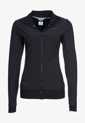 Czarna kurtka na zamek Nike Dri-FIT dla kobiet, z wysokim kołnierzem, bocznymi kieszeniami i małym logo Nike na piersi.