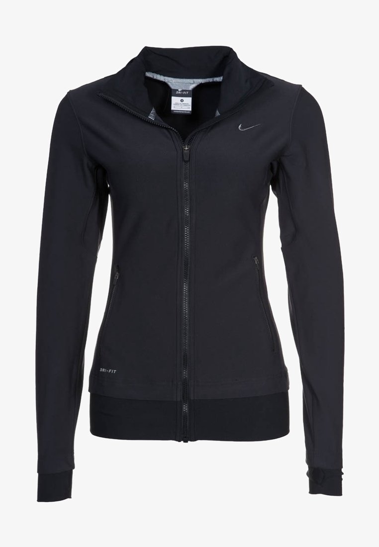 Veste zippée Nike Dri-FIT pour femmes noires avec col montant, poches latérales et petit logo Nike sur la poitrine.