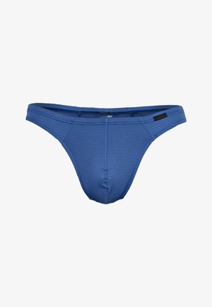 Niebieskie prążkowane stringi wykonane z elastycznej tkaniny. Posiadają wąską talię i bezszwowe krawędzie dla gładkiego dopasowania. Czarna metka po prawej stronie.