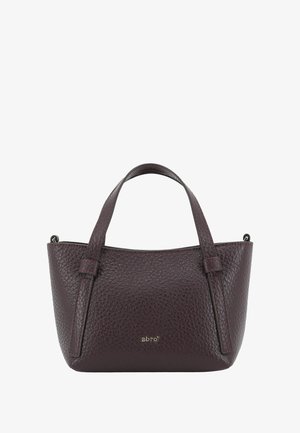 Small dark brown textured leather handbag with two handles and a subtle gold "abro" logo on the front center.