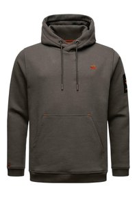 Szary hoodie z dużą kieszenią z przodu, sznurkami i logo w kolorze pomarańczowym. Posiada ściągacze przy mankietach i u dołu, co zapewnia dopasowany wygląd.