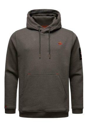 Sudadera gris con un gran bolsillo frontal, cordones y detalles de logo en naranja. Presenta puños y dobladillo acanalados para un ajuste ceñido.
