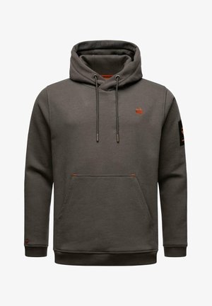 Grijze hoodie met een grote buidelzak aan de voorkant, trekkoorden en logo-accenten in oranje. Beschikt over ribgebreide manchetten en zoom voor een aansluitende look.