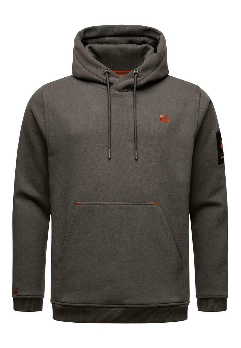 Szary hoodie z dużą kieszenią z przodu, sznurkami i logo w kolorze pomarańczowym. Posiada ściągacze przy mankietach i u dołu, co zapewnia dopasowany wygląd.