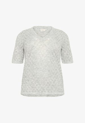 Light gray short-sleeve V-neck sweater made of a soft, knitted fabric featuring a delicate floral pattern and relaxed fit.