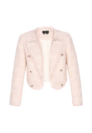 Lyserød tweedjakke med kort design, frynsete kanter, dobbeltradet stil og sølvfarvede knapdetaljer. For medfølger.