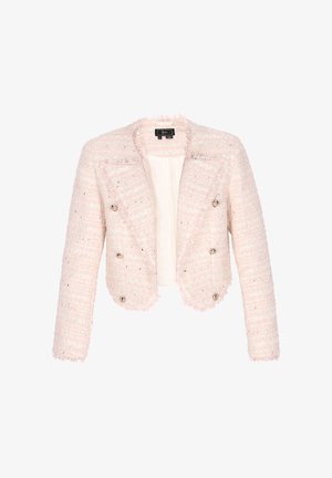 Lyserød tweedjakke med kort design, frynsete kanter, dobbeltradet stil og sølvfarvede knapdetaljer. For medfølger.