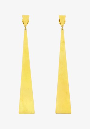 Páros hosszú, kúpos arany fém fülbevaló háromszög alakú felső pántokkal és sima, polírozott felülettel.